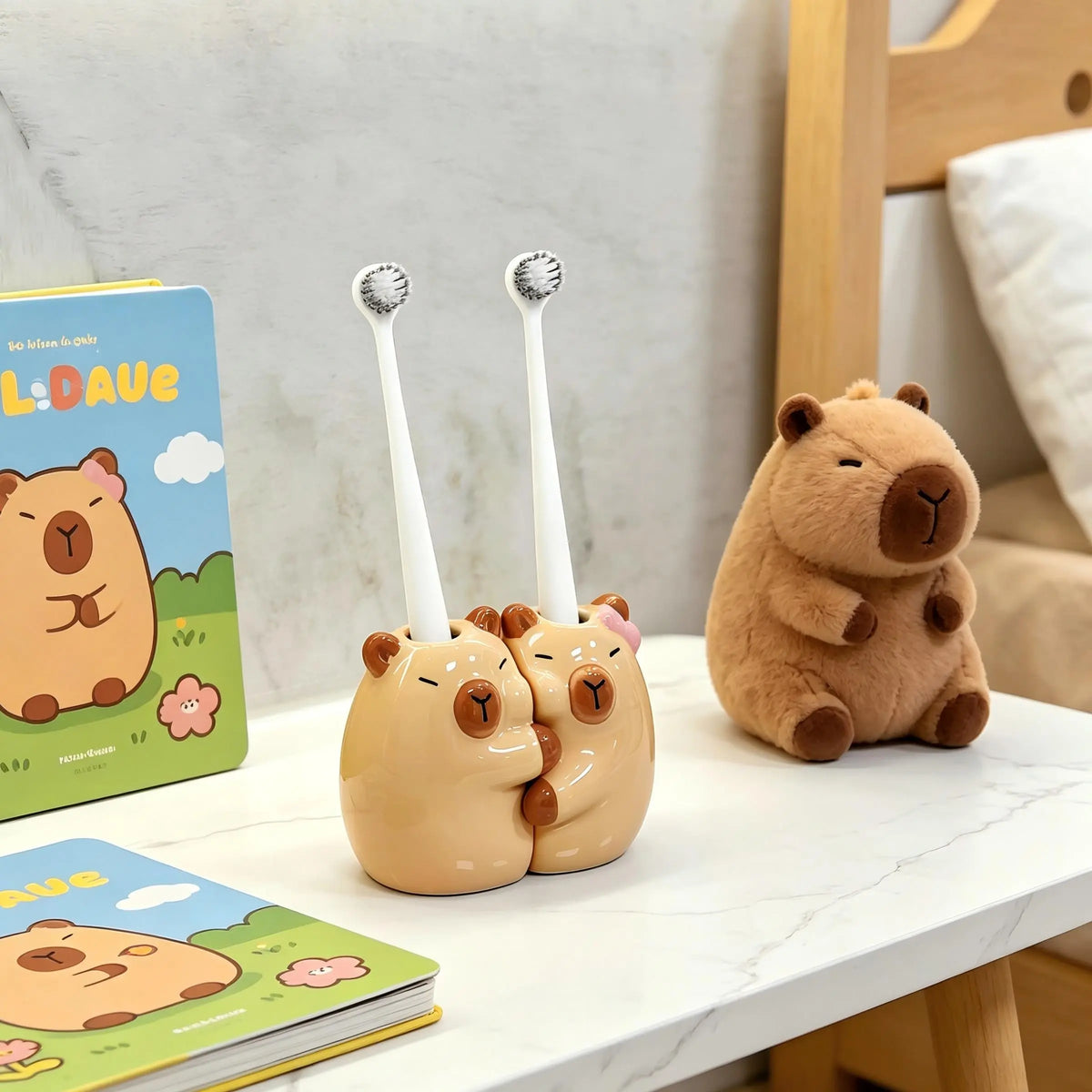 Hugging Capybara Ceramic Toothbrush Holder, Cute Multi-Purpose Organizer for Pens, Makeup Brushes & Small Flowers