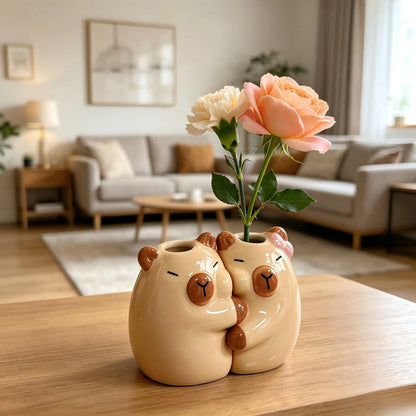 Hugging Capybara Ceramic Toothbrush Holder, Cute Multi-Purpose Organizer for Pens, Makeup Brushes & Small Flowers