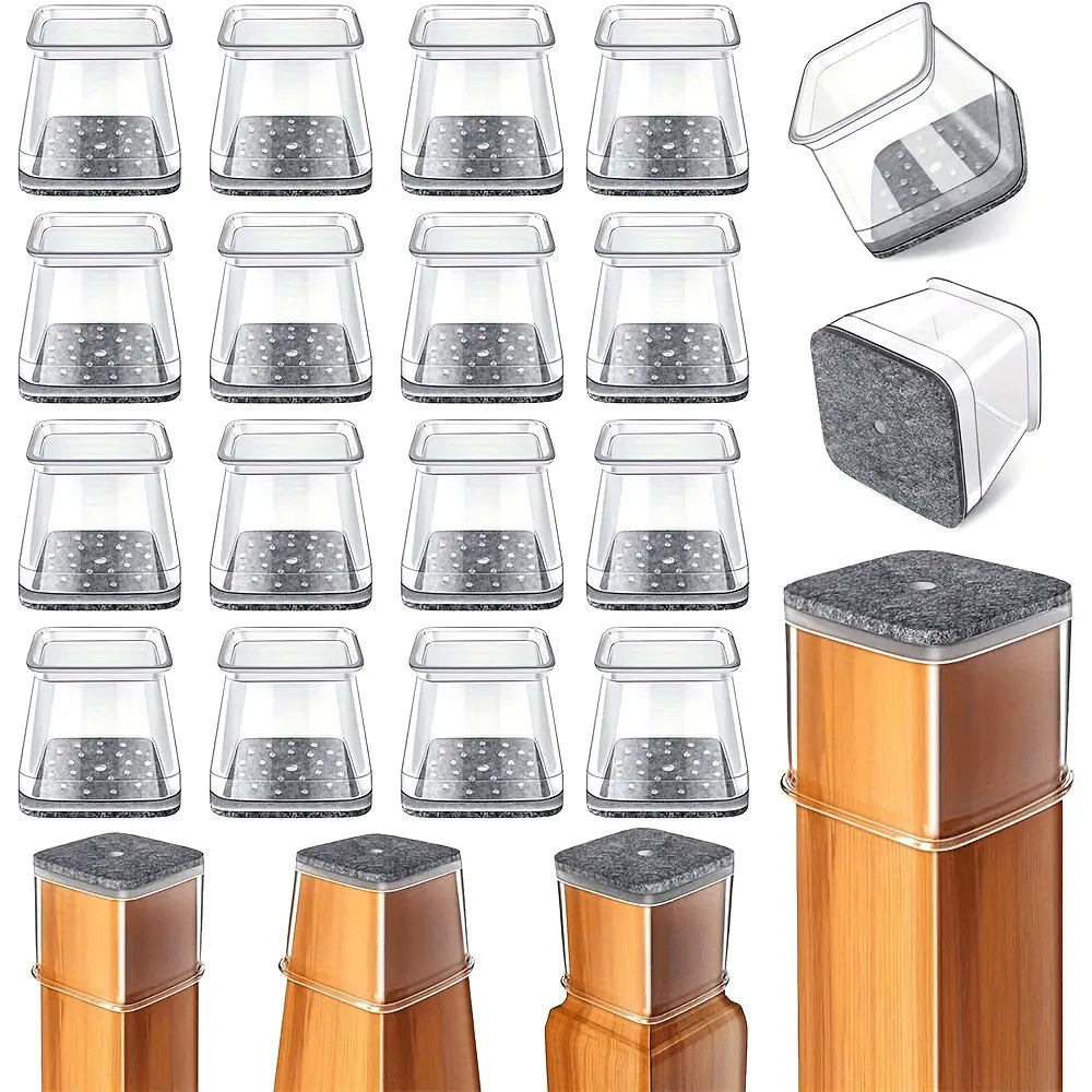 Square Chair Leg Floor Protectors, Clear Silicone Felt Pads for Hardwood Floors & Noise Reduction