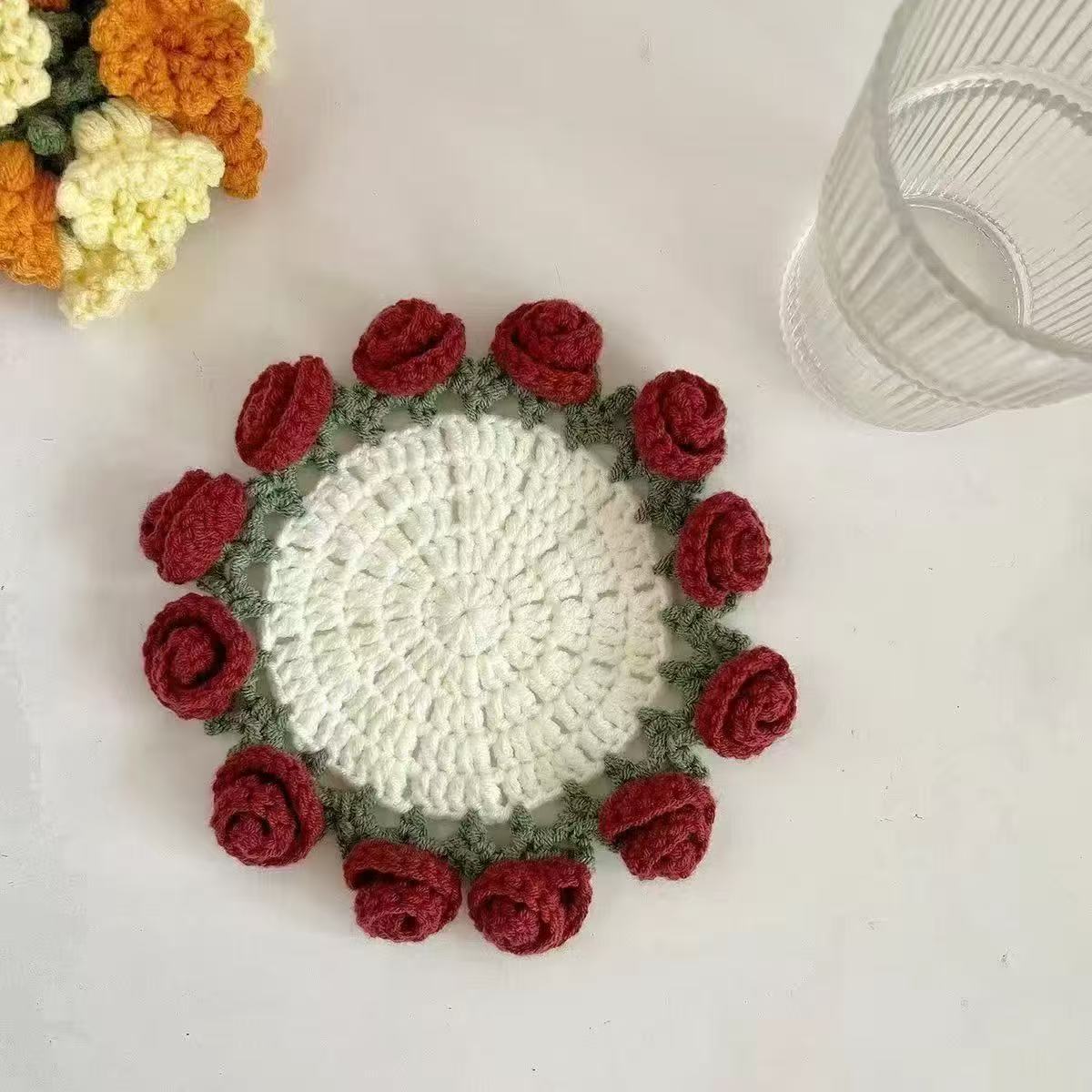 Handmade Crochet Flower Bouquet Coaster - Yarn Knitted Elegance, Gifts for Women Grandma Gift Pick, Unique House Decor