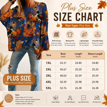 Women’s Halloween Pumpkin & Bat Crochet Knit Pullover, Long Sleeve Open-Knit Sweater, Relaxed Fit Casual Fall Top