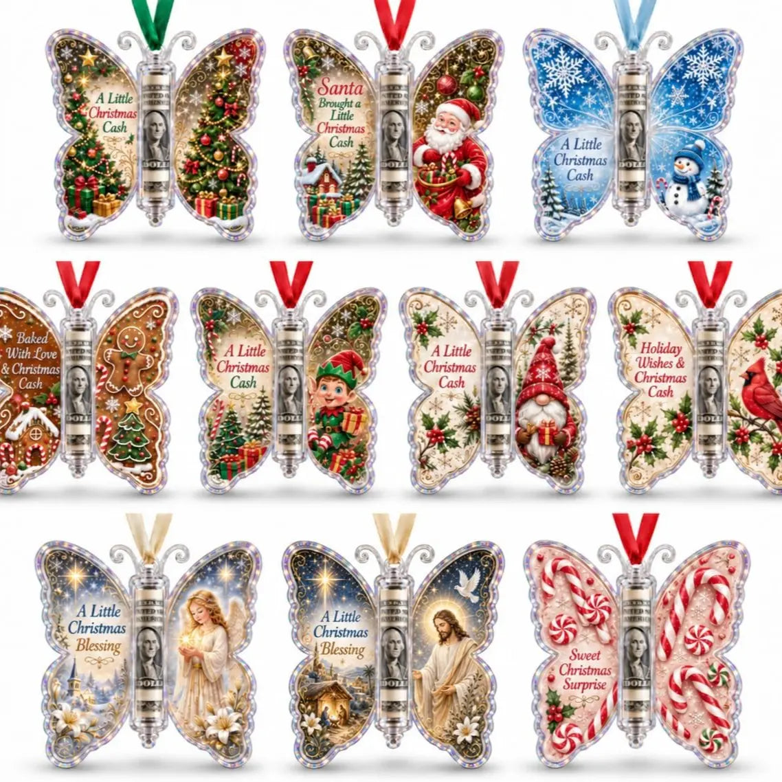 Christmas Cash Gift Ornament, Butterfly Money Holder with Clear Acrylic Display, 5PCS Set