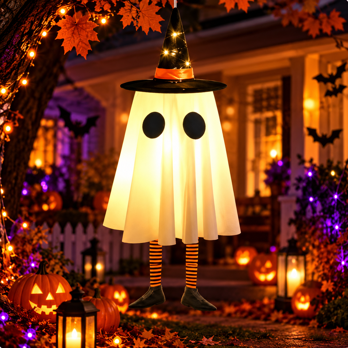 Three Styles Cycle Timer Halloween Hanging Witch Hat Lanterns – Light-Up Ghost Decorations, Indoor Halloween & Party Decor, Soft Fabric Design