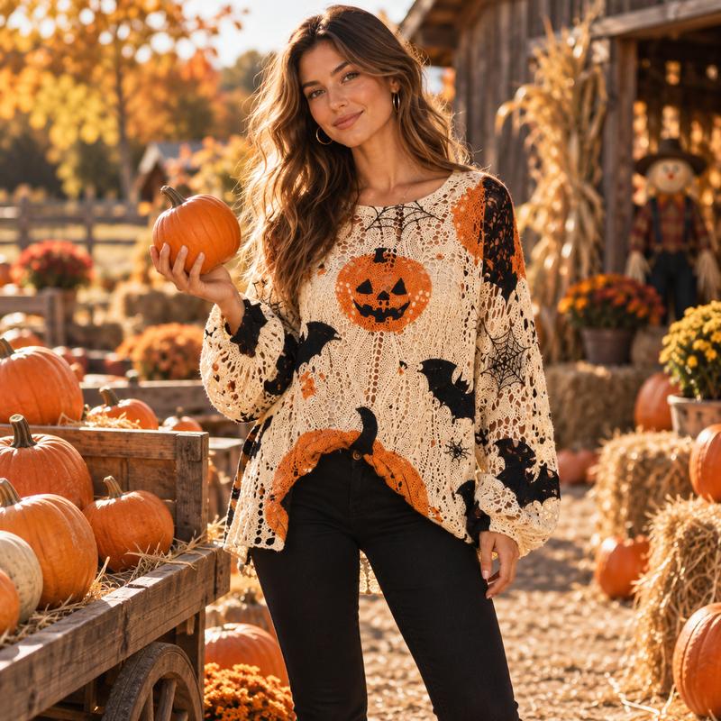 Women’s Halloween Pumpkin & Bat Crochet Knit Pullover, Long Sleeve Open-Knit Sweater, Relaxed Fit Casual Fall Top