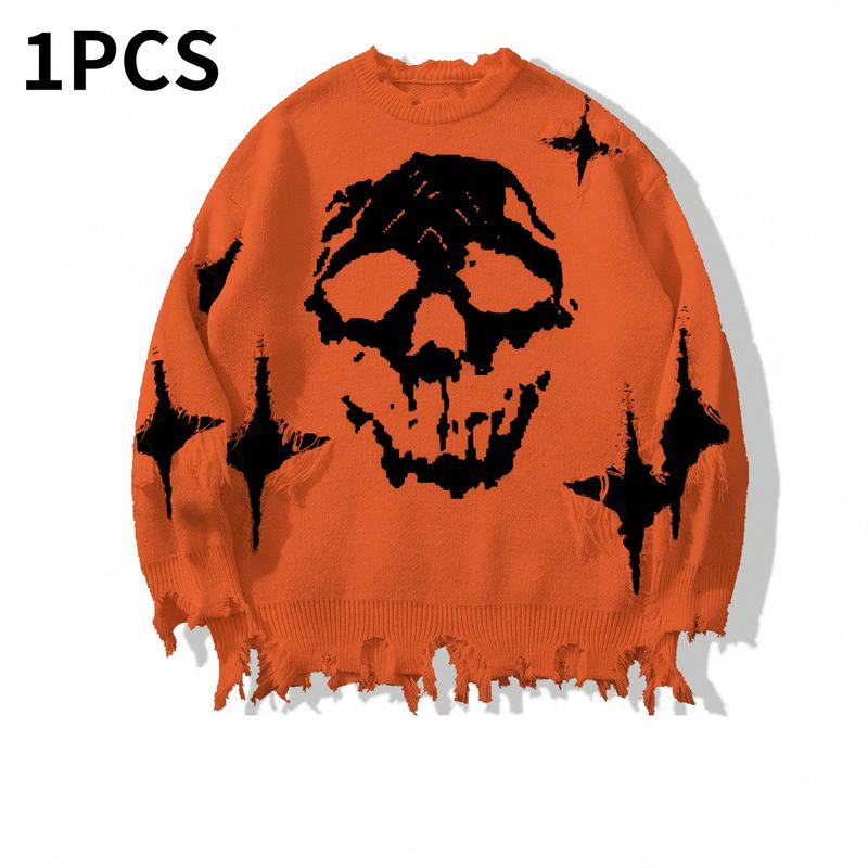 Distressed Fringe Knit Sweater – Oversized Orange Skull Jacquard Pullover with Ripped Details, Y2K Gothic Streetwear Style