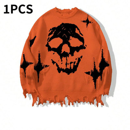 Distressed Fringe Knit Sweater – Oversized Orange Skull Jacquard Pullover with Ripped Details, Y2K Gothic Streetwear Style