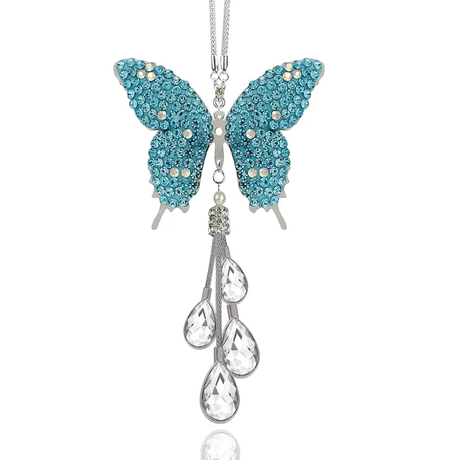 Bling Crystal Butterfly Car Charm, Rhinestone & Pearl Rearview Mirror Pendant, Cute Girly Car Hanging Decoration
