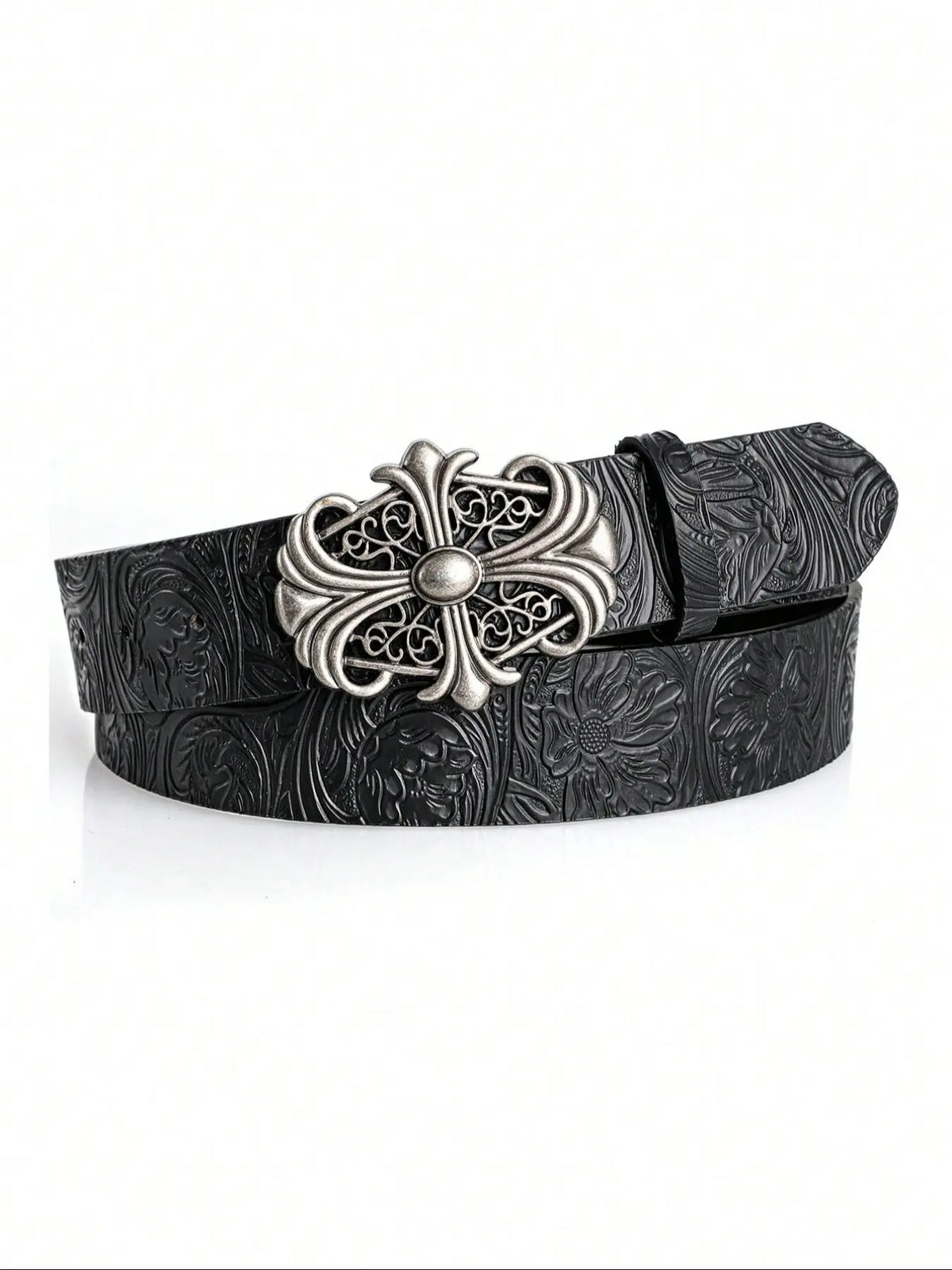 Boho Faux Leather Western Belt with Cross Buckle, Gothic Cowboy Belt for Men & Women