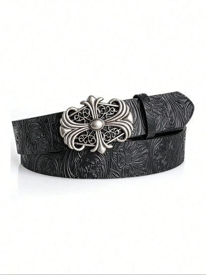 Boho Faux Leather Western Belt with Cross Buckle, Gothic Cowboy Belt for Men & Women