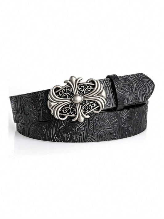 Boho Faux Leather Western Belt with Cross Buckle, Gothic Cowboy Belt for Men & Women