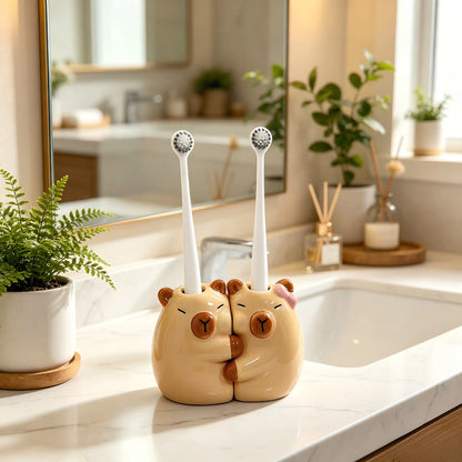 Hugging Capybara Ceramic Toothbrush Holder, Cute Multi-Purpose Organizer for Pens, Makeup Brushes & Small Flowers