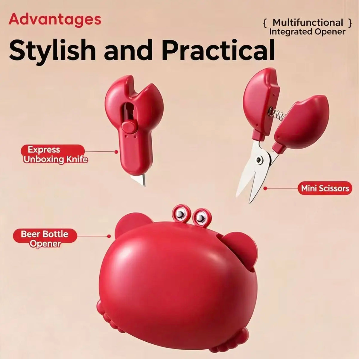 3-in-1 multifunctional crab bottle opener, fridge magnet, box cutter, cartoon portable magnetic scissors