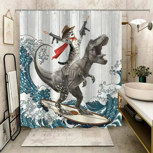 Dinosaur & Cat Shower Curtain, Waterproof Bathroom Decor with 12 Hooks