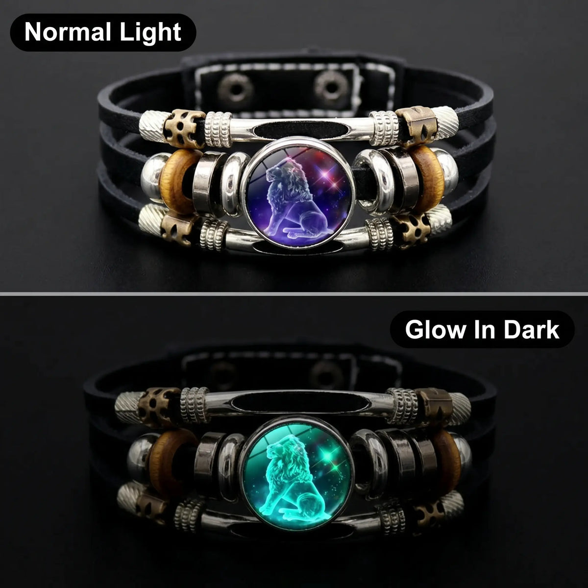 Glow-in-the-Dark Zodiac Leather Bracelet – 12 Sign Astrology Jewelry