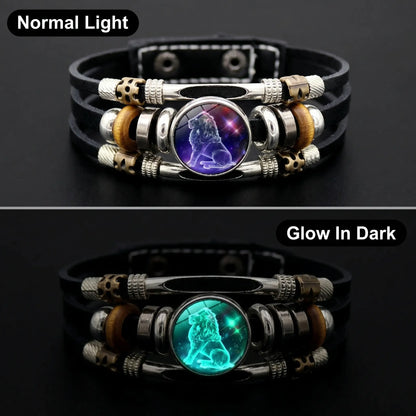 Glow-in-the-Dark Zodiac Leather Bracelet – 12 Sign Astrology Jewelry