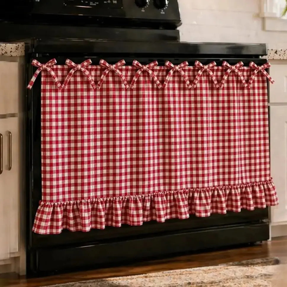 Christmas Oven Curtain Stove Cover, Festive Farmhouse Appliance Skirt with Ruffle Bows & Splatter Guard