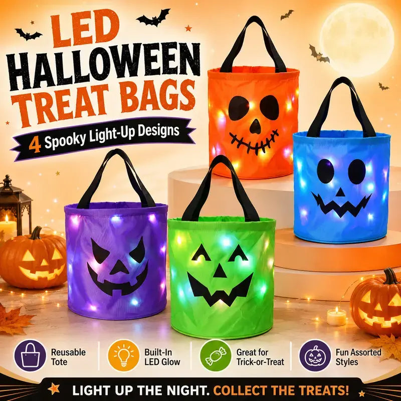 LED Halloween Pumpkin Candy Buckets & Goodie Bags, Reusable Trick-or-Treat Gift Set for Kids