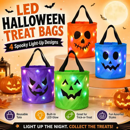 LED Halloween Pumpkin Candy Buckets & Goodie Bags, Reusable Trick-or-Treat Gift Set for Kids