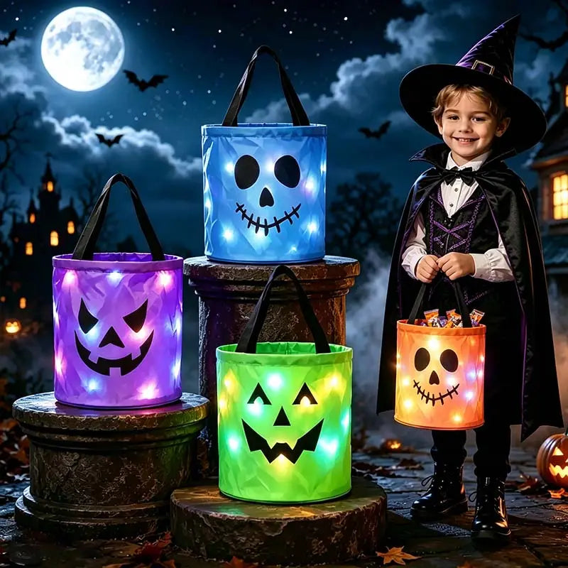 LED Halloween Pumpkin Candy Buckets & Goodie Bags, Reusable Trick-or-Treat Gift Set for Kids