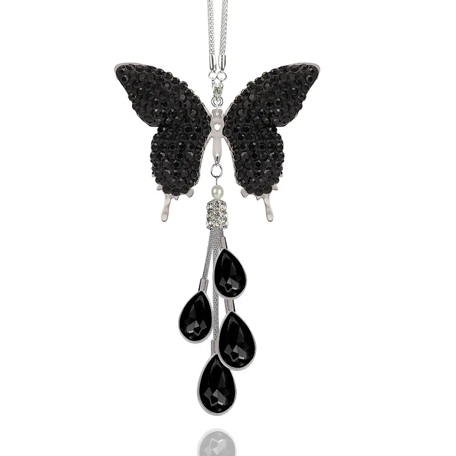 Bling Crystal Butterfly Car Charm, Rhinestone & Pearl Rearview Mirror Pendant, Cute Girly Car Hanging Decoration