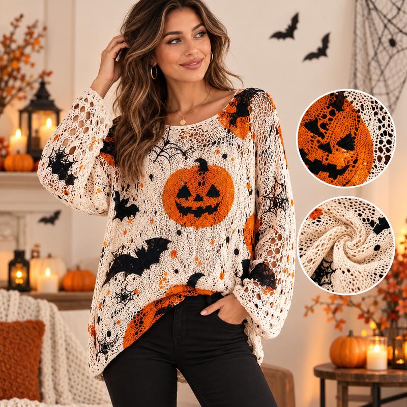 Women’s Halloween Pumpkin & Bat Crochet Knit Pullover, Long Sleeve Open-Knit Sweater, Relaxed Fit Casual Fall Top