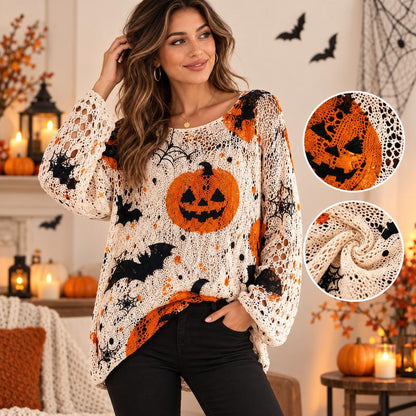 Women’s Halloween Pumpkin & Bat Crochet Knit Pullover, Long Sleeve Open-Knit Sweater, Relaxed Fit Casual Fall Top