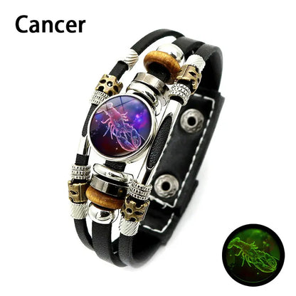 Glow-in-the-Dark Zodiac Leather Bracelet – 12 Sign Astrology Jewelry