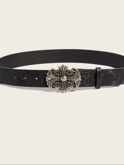 Boho Faux Leather Western Belt with Cross Buckle, Gothic Cowboy Belt for Men & Women