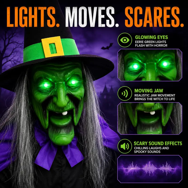 Animated Hovering Witch Animatronic, Scary Halloween Decoration with Sound & Touch Sensors, Indoor Outdoor Haunted House, Garden & Lawn Decor
