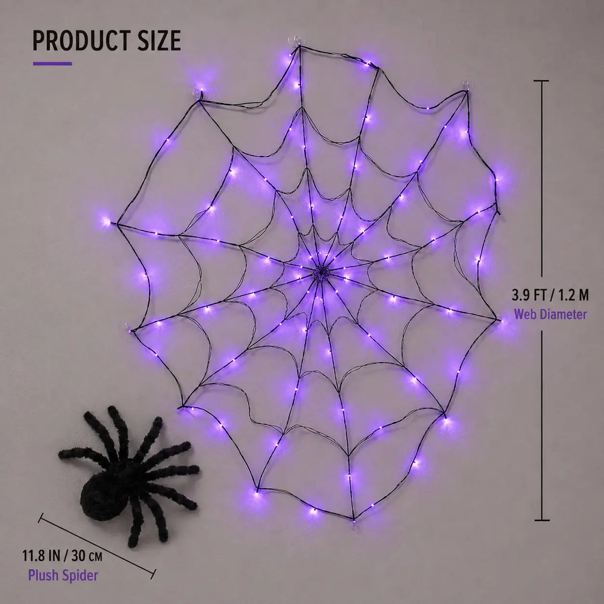 Purple LED Spider Web Lights, 70 LEDs with Plush Spider, Remote Control & 8 Lighting Modes for Halloween Decor