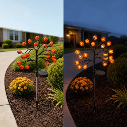 Solar Halloween Pumpkin Tree Stake Lights, 20-Head Jack-O’-Lantern Outdoor Yard Decor with Flashing Modes