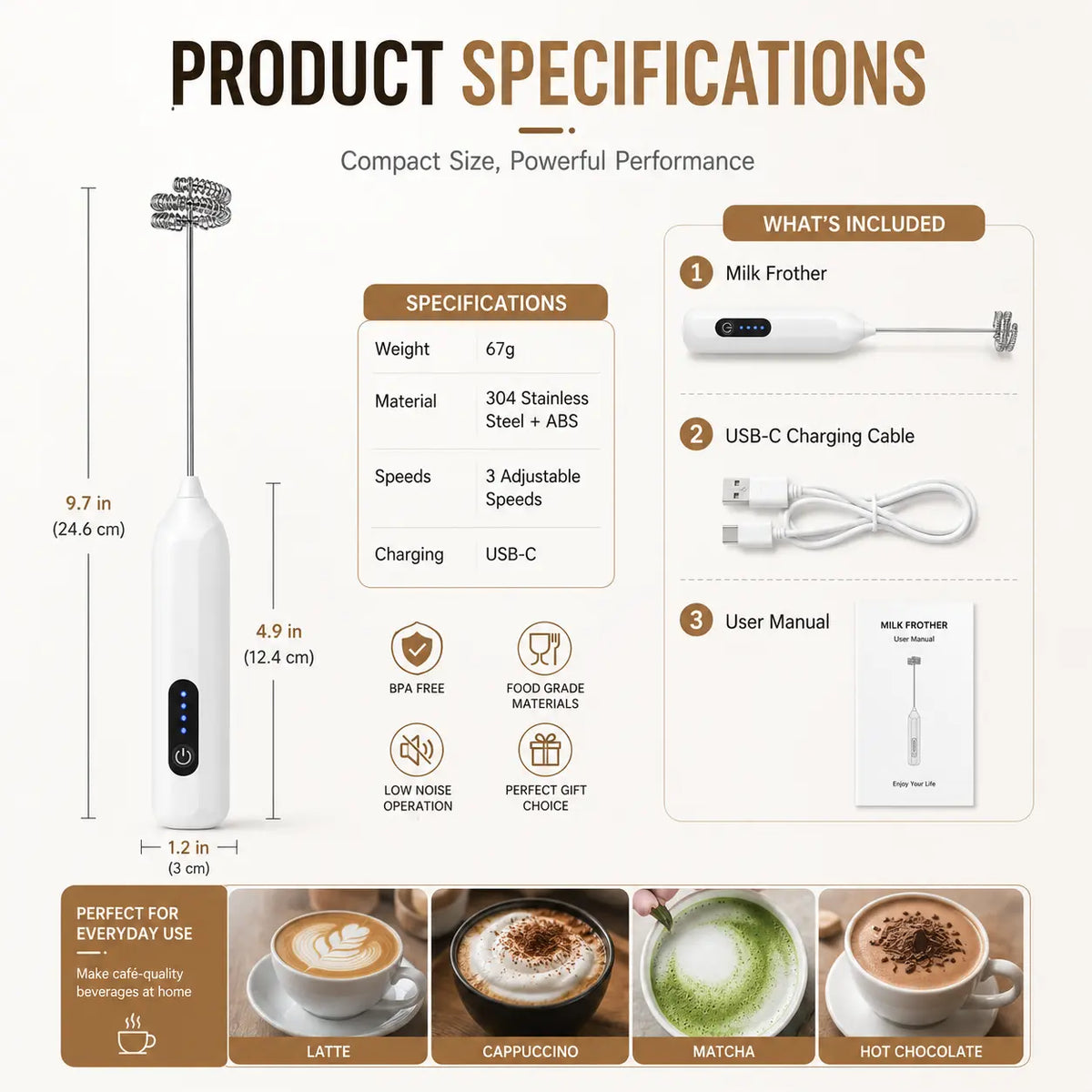 Electric Handheld Milk Frother – USB-C Rechargeable Stainless Steel Foam Maker