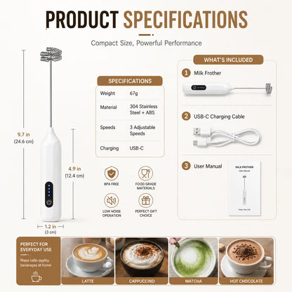 Electric Handheld Milk Frother – USB-C Rechargeable Stainless Steel Foam Maker