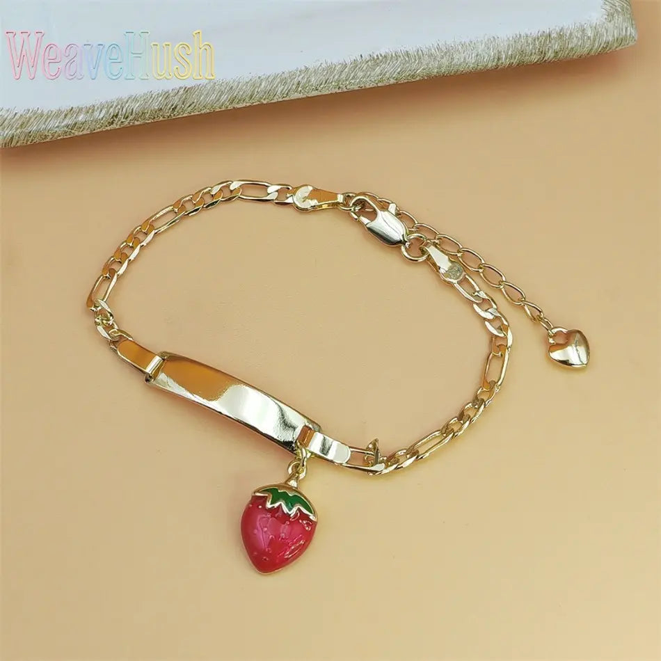 14K Gold Plated Strawberry Charm Bracelet – Cute Lightweight Jewelry for Kids & Girls