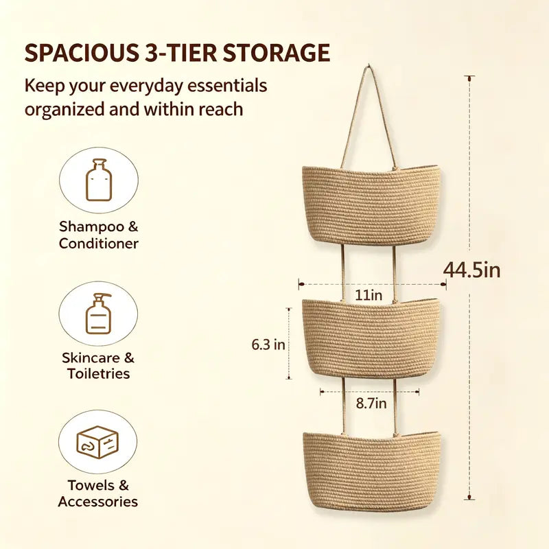 Woven cotton 3-Tier Over the Door Basket, Wall-Mounted Jute Bathroom Storage Organizer – Decorative Nursery Baskets, Perfect for Busy Mom/Dad to Store Diapers & Toys small basket Gift Hook laundry basket house organizers
