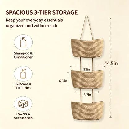 Woven cotton 3-Tier Over the Door Basket, Wall-Mounted Jute Bathroom Storage Organizer – Decorative Nursery Baskets, Perfect for Busy Mom/Dad to Store Diapers & Toys small basket Gift Hook laundry basket house organizers