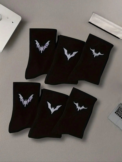 Women's Bat Pattern Mid-Calf Socks, 6 Pairs, Comfortable and Stylish, Perfect for Daily Wear