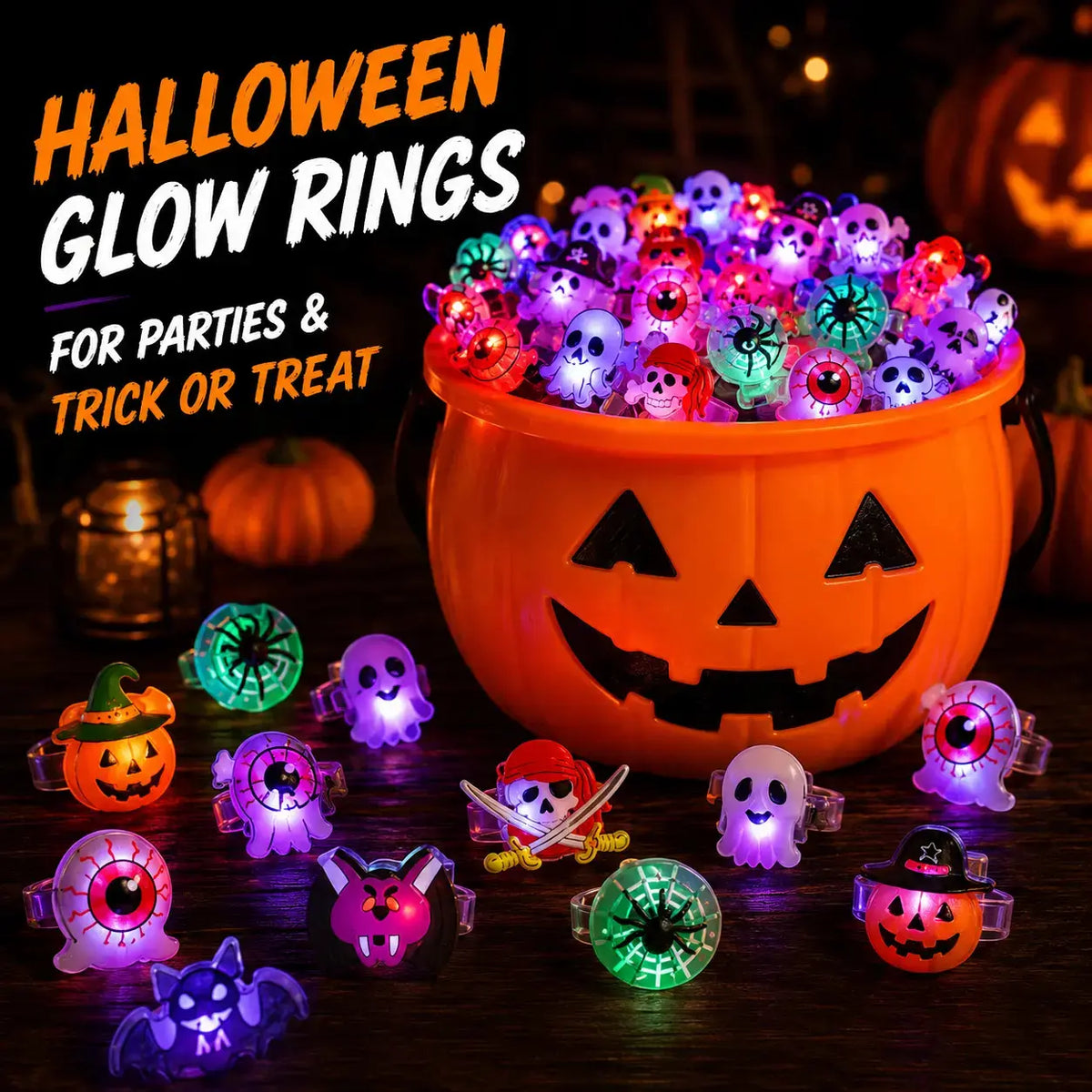 50Pcs Random Glow LED Halloween Rings, Flashing Light-Up Party Favors & Goody Bag Stuffers for Kids