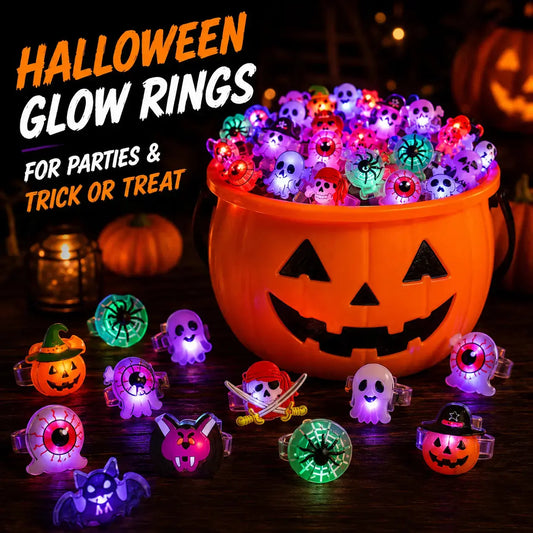 50Pcs Random Glow LED Halloween Rings, Flashing Light-Up Party Favors & Goody Bag Stuffers for Kids