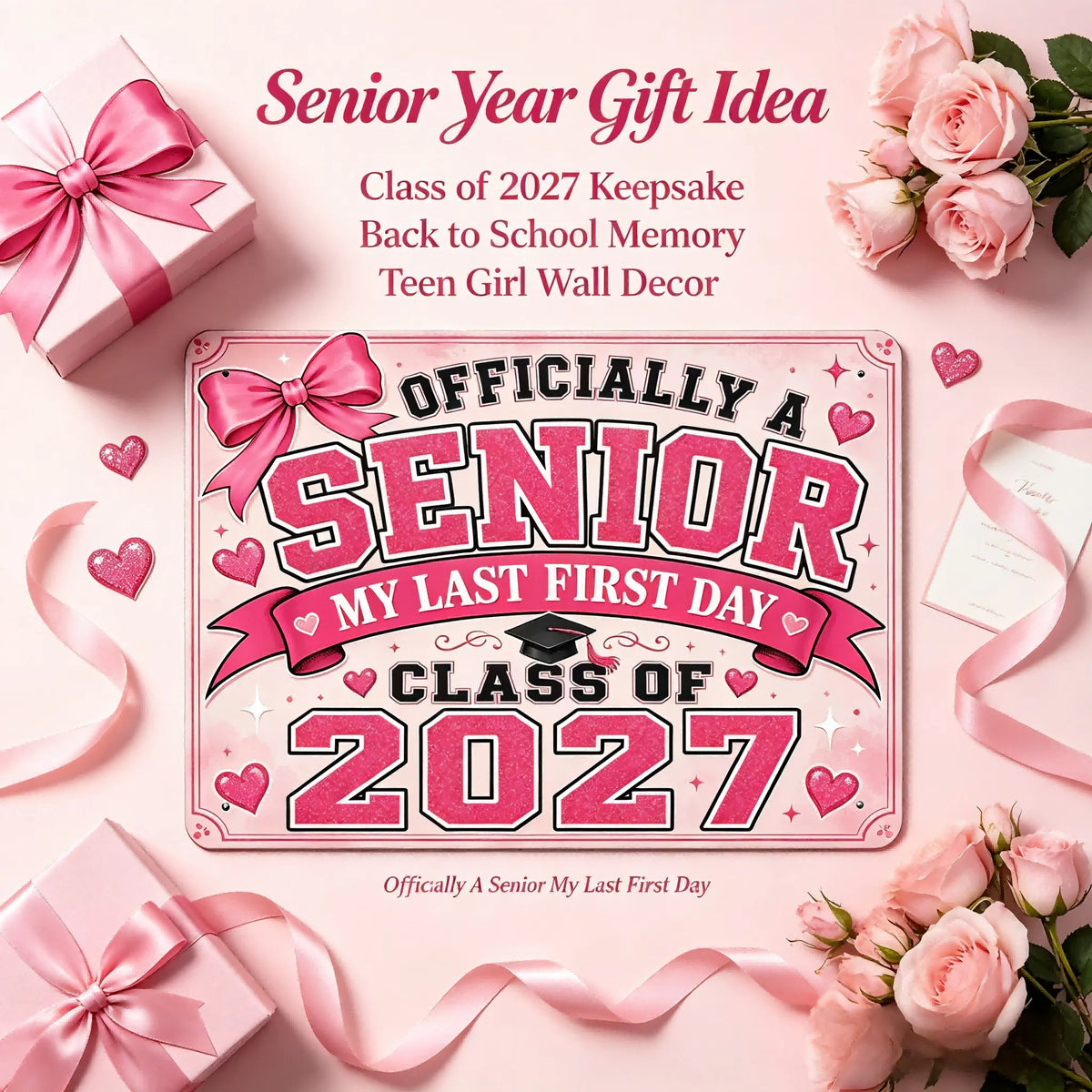 Class of 2027 Senior Metal Wall Art Sign, Retro Pink Graduation Decor, Back to School Photo Prop Poster, 8x12 Inch