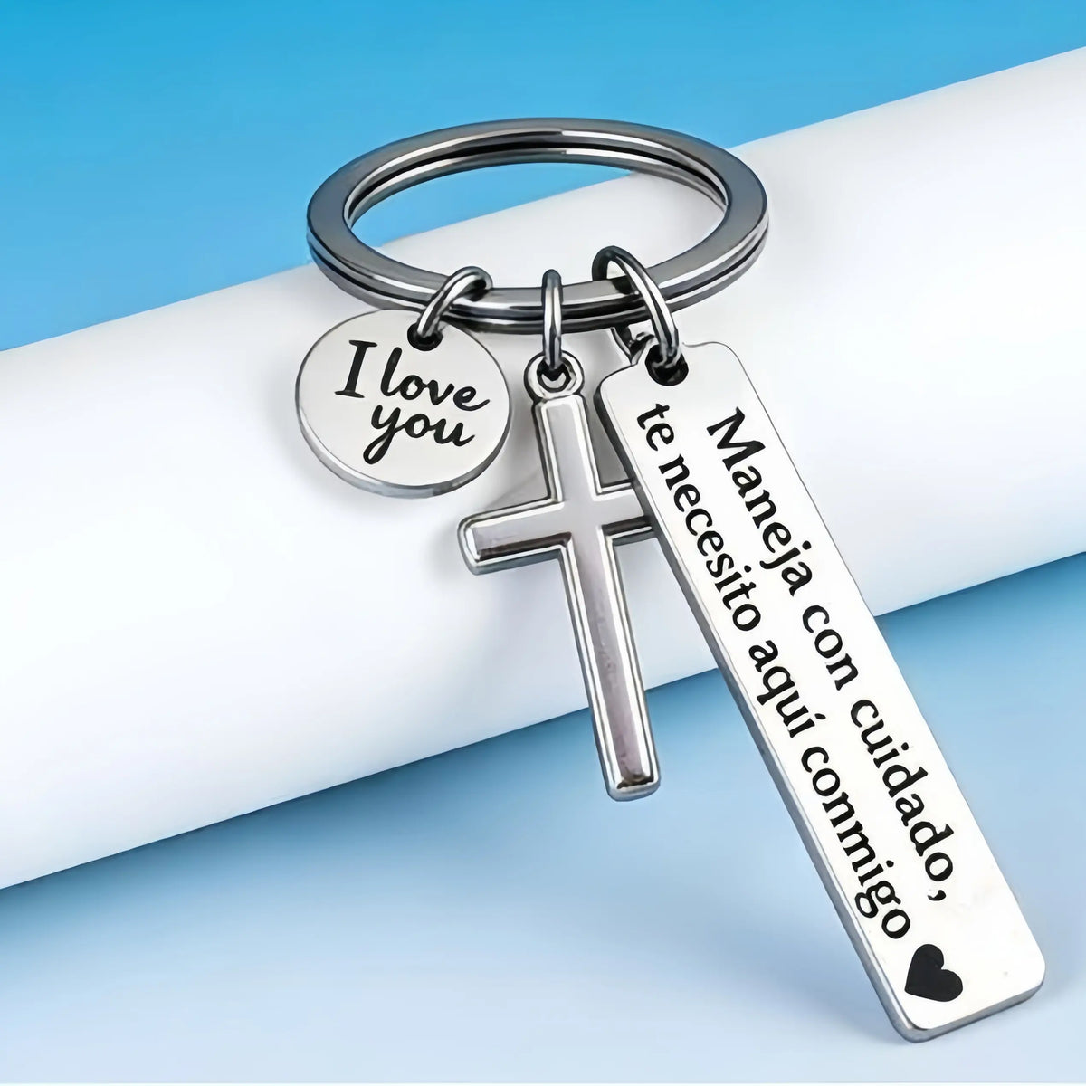 Maneja Con Cuidado Te Necesito Aquí Conmigo Keychain with Cross & "I Love You" Charm, Spanish Drive Safe Stainless Steel Keyring, Romantic Religious Gift for Him/Her Adjustable Heart Rate Couples Bracelet Set Rotating Retractable Reading Badge Holder, Key