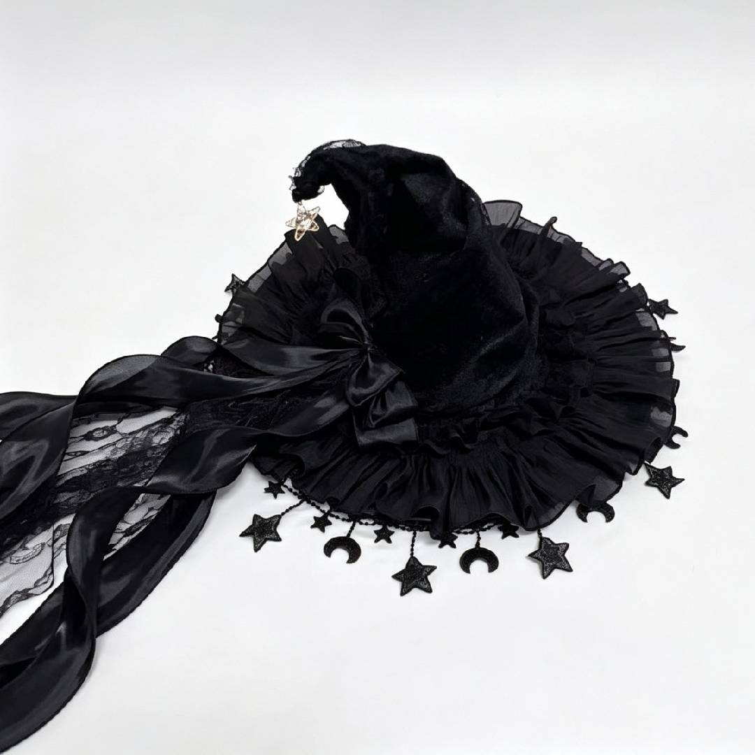 2-Piece Gothic Witch Hat & Moon Star Necklace Set – Starry Tulle Halloween Party Accessories