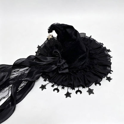 2-Piece Gothic Witch Hat & Moon Star Necklace Set – Starry Tulle Halloween Party Accessories
