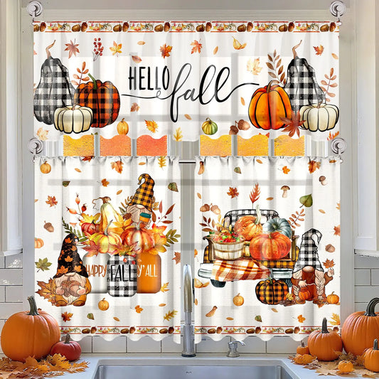 3PCS Halloween Fall Kitchen Curtains, Pumpkin & Maple Leaf Window Decor Set