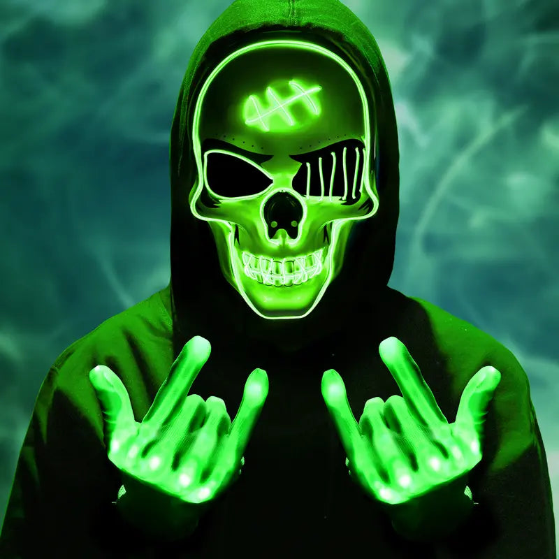 Halloween LED Skull Mask & Gloves Set – Light-Up Skeleton Cosplay Accessories for Costume Parties & Spooky Events