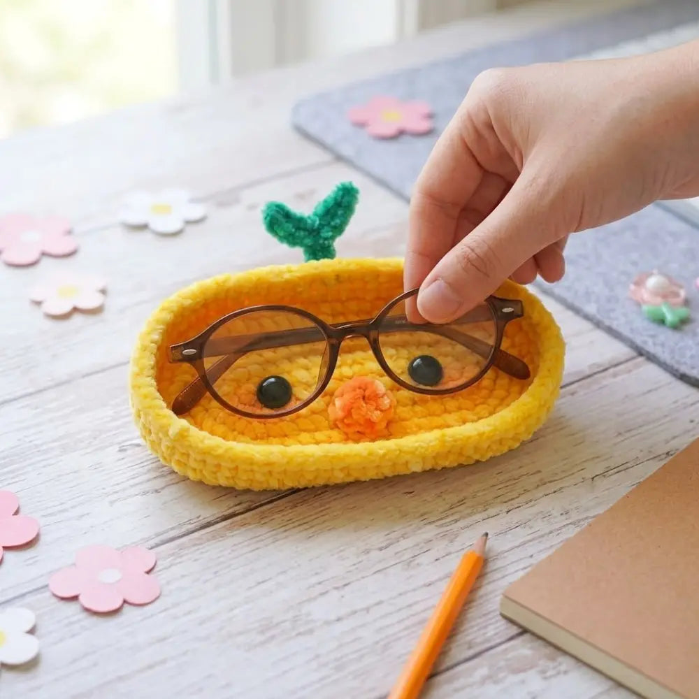 Handmade Crochet Animal Glasses Holder, Soft Plush Eyeglass Stand & Cute Desktop Tray