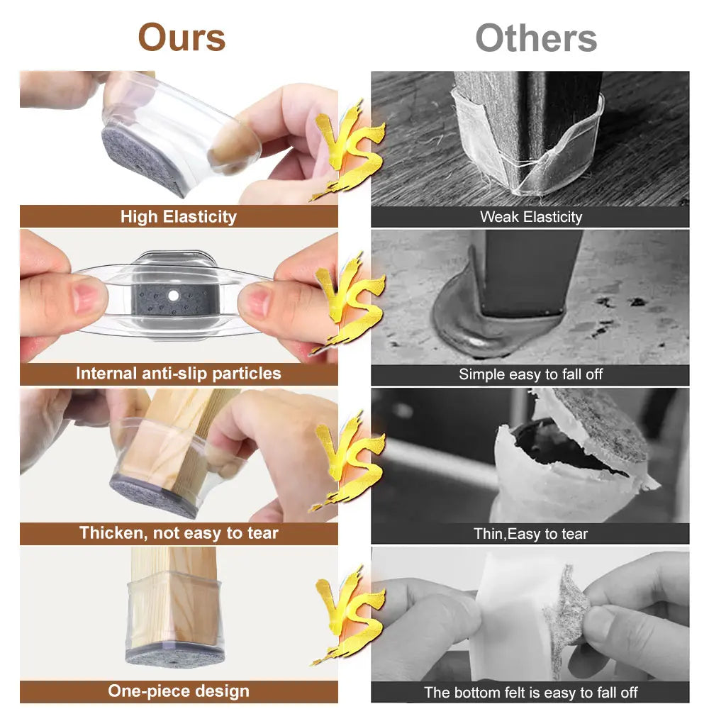 Square Chair Leg Floor Protectors, Clear Silicone Felt Pads for Hardwood Floors & Noise Reduction