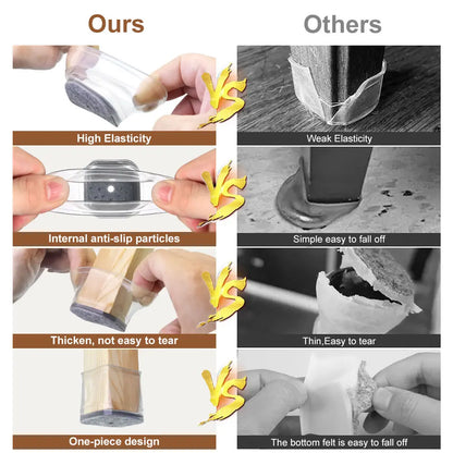 Square Chair Leg Floor Protectors, Clear Silicone Felt Pads for Hardwood Floors & Noise Reduction