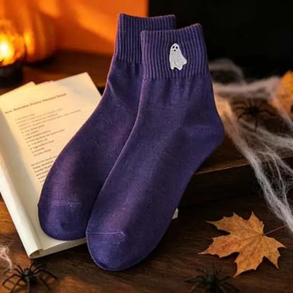 5 Pairs Women's Halloween Embroidered Crew Socks, Cozy Pumpkin, Ghost, Witch & Bat Designs, Soft Warm Fall Winter Socks