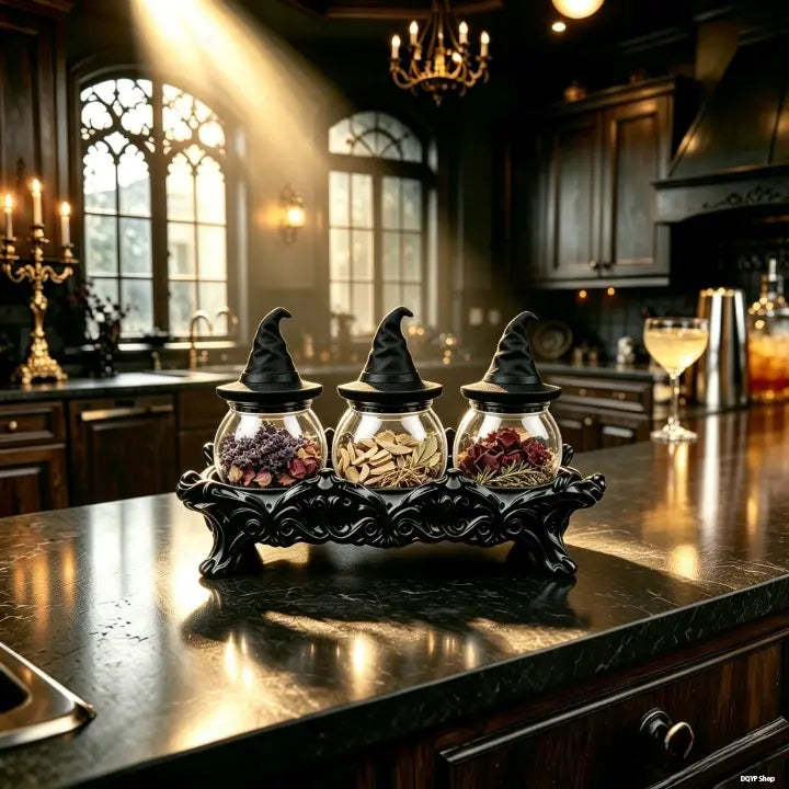 Witch Hat Spice Jar Set of 3 with Gothic Stand, Glass Seasoning Jars for Spices & Herbs, Halloween Kitchen Decor & Unique Gift